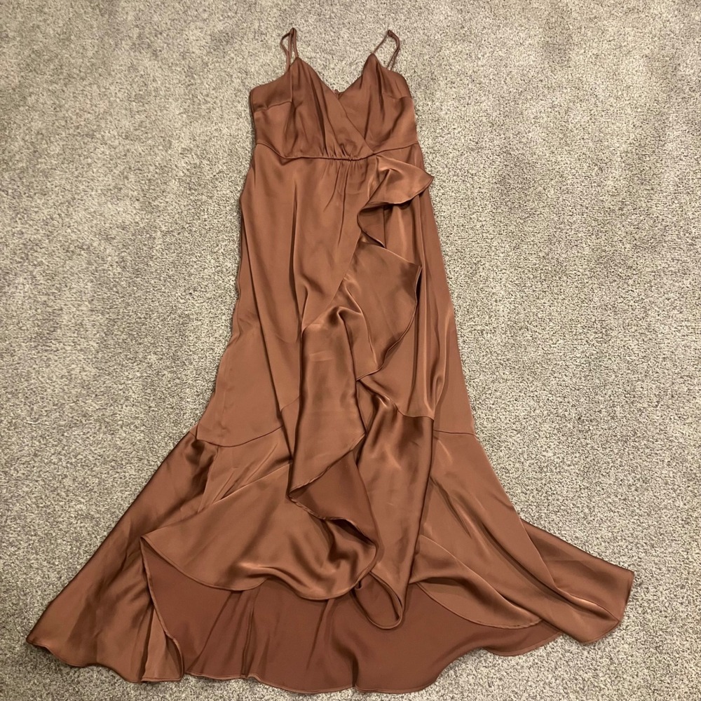 Lulus Enchanted Moments Satin Ruffled High-Low Dress Rust Brown Size Small HOCO